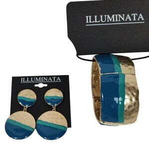 Illuminata 2 Pc Stretch Bracelet And Earrings Set Jewelry Gold Tone Blue Green
